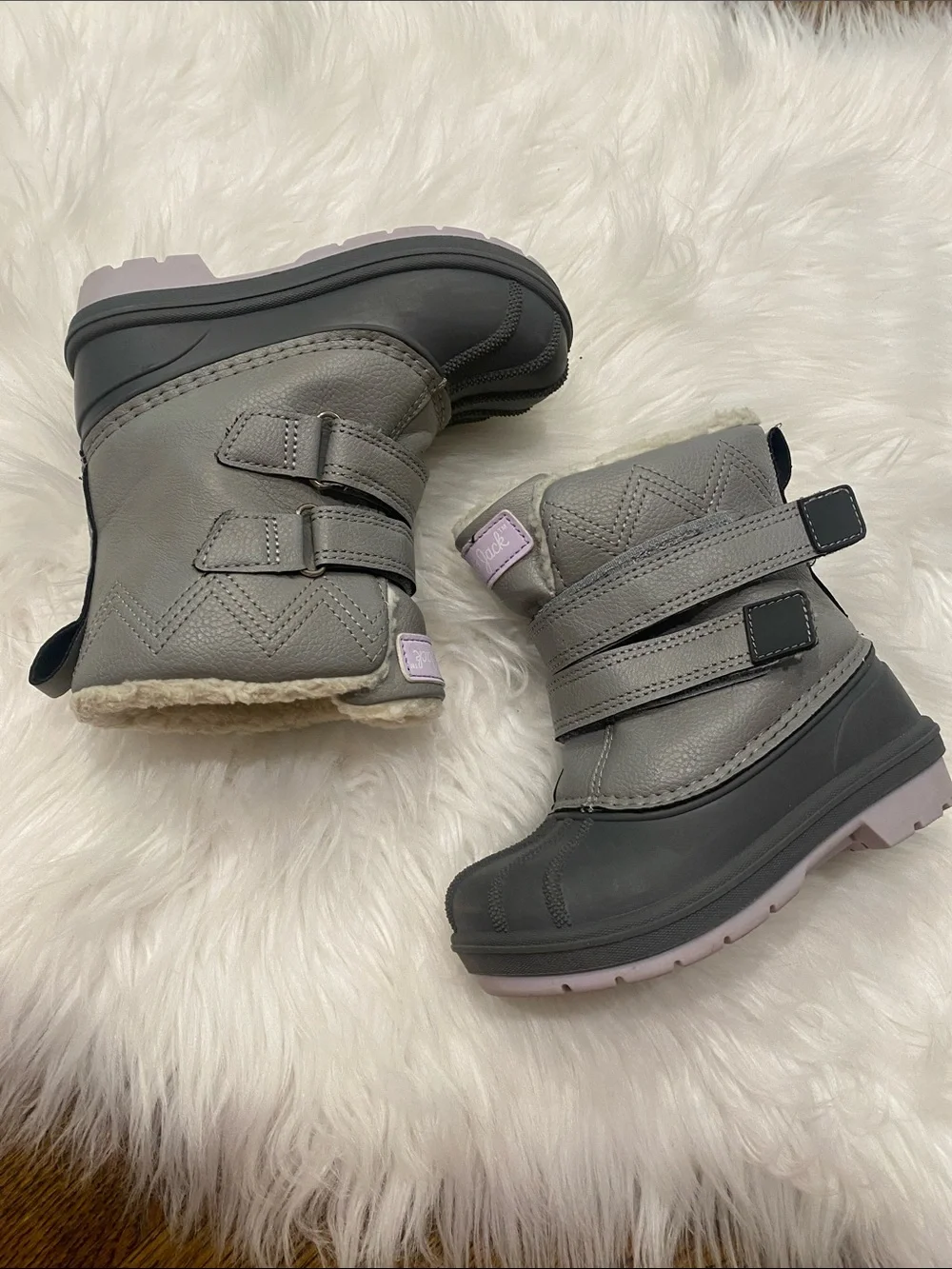 Kids sz 8 Gray & Light Purple Winter Rain Boots with Fleece Lining
